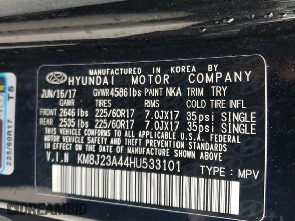 2017 Hyundai Tucson SE with VIN KM8J23A44HU533101, listed as a Copart auction lot 49263365 with 66,101 mi miles and Salvage Title. Bid and sale history available at DreamBid. Image 14.