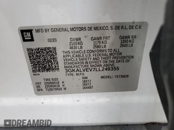 2020 GMC Terrain SLT with VIN 3GKALVEV7LL249355, listed as a Copart auction lot 85064154 with 84,369 mi miles and Salvage Title. Bid and sale history available at DreamBid. Image 13.