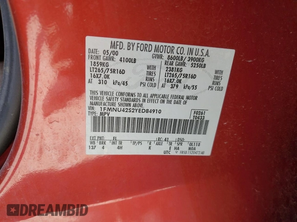 2000 Ford Excursion Limited z VIN 1FMNU42S2YED84910, wystawiony jako Copart lot #57272245 z przebiegiem 235 173 mil mil oraz Szkoda całkowita • Salvage title. Historia ofert i sprzedaży dostępna na DreamBid. Obrazek 14.