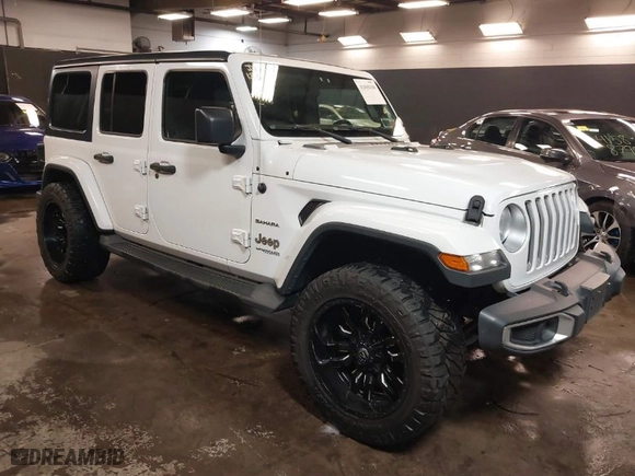 2018 Jeep Wrangler Unlimited Sahara with VIN 1C4HJXEG6JW280522, listed as a IAAI auction lot 41608108 with 104,748 mi miles. Bid and sale history available at carsss.com. Image 1.