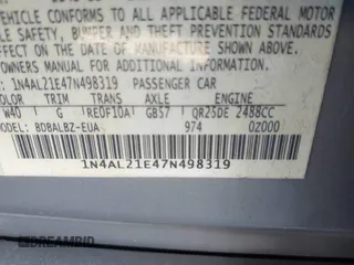 2007 Nissan Altima 2.5 S with VIN 1N4AL21E47N498319, listed as a IAAI auction lot 41601640 with 1 mi miles. Bid and sale history available at carsss.com. Image 9.