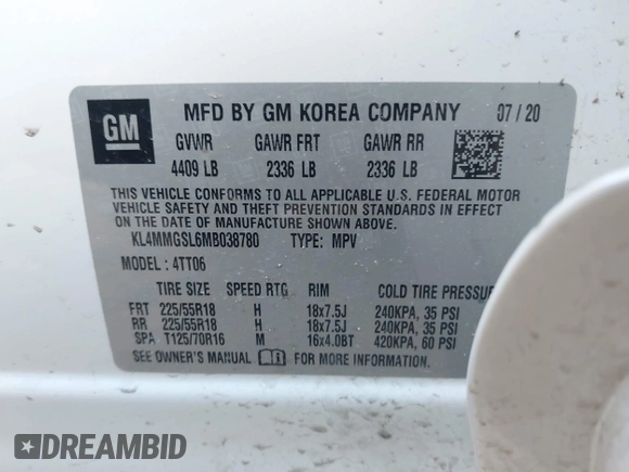 2021 Buick Encore GX Essence with VIN KL4MMGSL6MB038780, listed as a IAAI auction lot 42026247 with 51,244 mi miles and . Bid and sale history available at DreamBid. Image 9.