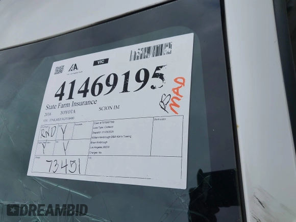 2016 Scion iM z VIN JTNKARJE3GJ518480, wystawiony jako IAAI lot #41469195 z przebiegiem 73 451 mil mil oraz . Historia ofert i sprzedaży dostępna na DreamBid. Obrazek 18.