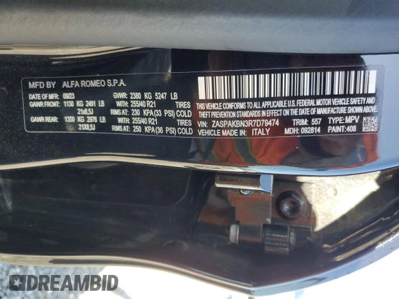 2024 Alfa Romeo Stelvio Ti z VIN ZASPAKBN3R7D79474, wystawiony jako Copart lot #50245995 z przebiegiem 14 558 mil mil oraz Szkoda całkowita • Salvage title. Historia ofert i sprzedaży dostępna na DreamBid. Obrazek 14.