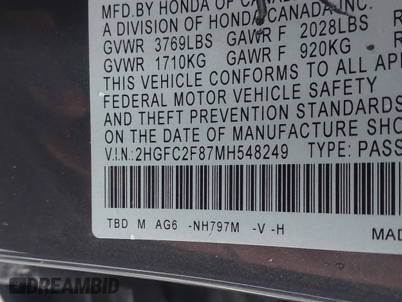 2021 Honda Civic Sedan Sport with VIN 2HGFC2F87MH548249, listed as a IAAI auction lot 41471400 with 79,553 mi miles. Bid and sale history available at carsss.com. Image 9.