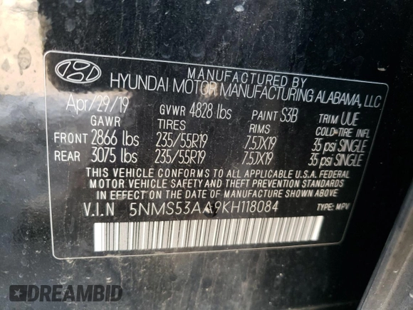 2019 Hyundai Santa Fe Limited with VIN 5NMS53AA9KH118084, listed as a Copart auction lot 55463582 with 65,418 mi miles. Bid and sale history available at carsss.com. Image 10.