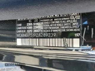 2002 Mercedes-Benz S 500 with VIN WDBNG75J92A289239, listed as a Copart auction lot 59052135 with Not provided miles and Salvage title. Bid and sale history available at DreamBid. Image 12.