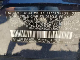 2006 Lexus GS 300 with VIN JTHCH96SX60018385, listed as a IAAI auction lot 42255642 with 155,552 mi miles and . Bid and sale history available at DreamBid. Image 9.