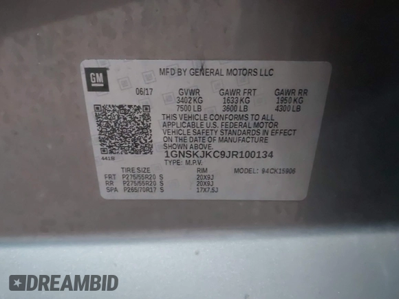 2018 Chevrolet Suburban Premier z VIN 1GNSKJKC9JR100134, wystawiony jako IAAI lot #41449255 z przebiegiem 111 528 mil mil oraz . Historia ofert i sprzedaży dostępna na DreamBid. Obrazek 9.