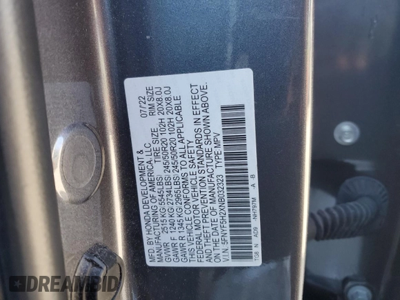 2022 Honda Pilot Special Edition with VIN 5FNYF5H2XNB032323, listed as a Copart auction lot 44201835 with 32,894 mi miles and Salvage Title. Bid and sale history available at DreamBid. Image 15.