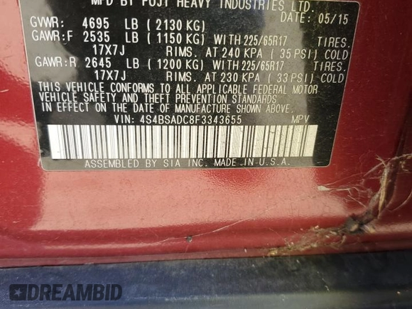 2015 Subaru Outback Premium with VIN 4S4BSADC8F3343655, listed as a Copart auction lot 58001215 with 139,252 mi miles and Salvage title. Bid and sale history available at DreamBid. Image 13.