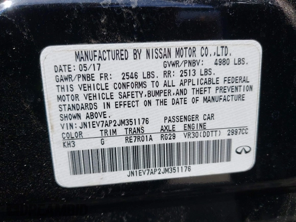 2018 Infiniti Q50 3.0t LUXE with VIN JN1EV7AP2JM351176, listed as a IAAI auction lot 41837214 with 125,535 mi miles. Bid and sale history available at carsss.com. Image 9.