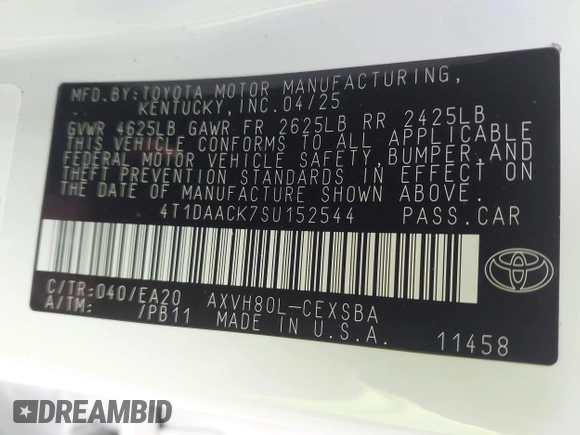 2025 Toyota Camry LE z VIN 4T1DAACK7SU152544, wystawiony jako IAAI lot #42489001 z przebiegiem 1 308 mil mil oraz . Historia ofert i sprzedaży dostępna na DreamBid. Obrazek 9.