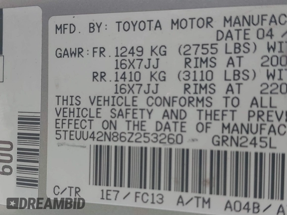 2006 Toyota Tacoma with VIN 5TEUU42N86Z253260, listed as a IAAI auction lot 41628070 with 194,352 mi miles. Bid and sale history available at carsss.com. Image 8.