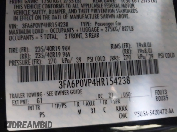 2017 Ford Fusion Sport with VIN 3FA6P0VP4HR154238, listed as a IAAI auction lot 41609483 with 94,508 mi miles. Bid and sale history available at carsss.com. Image 9.