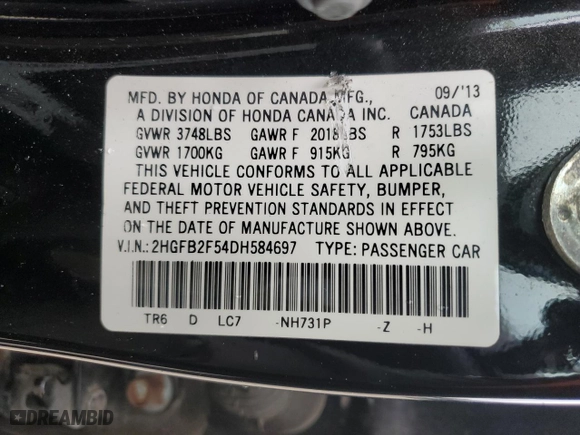 2013 Honda Civic Sdn LX with VIN 2HGFB2F54DH584697, listed as a Copart auction lot 47119655 with 202,593 mi miles and Clean Title. Bid and sale history available at carsss.com. Image 13.