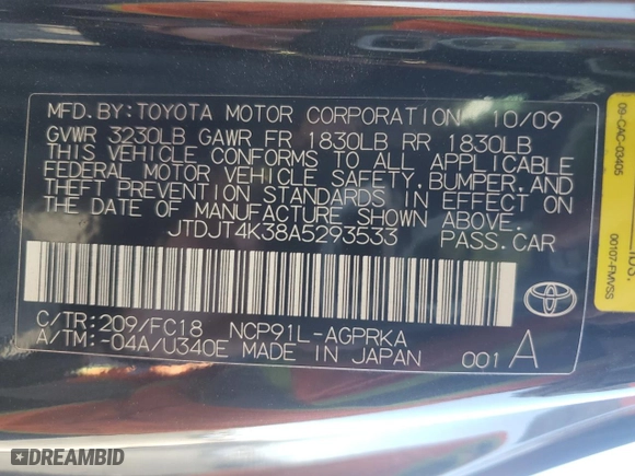 2010 Toyota Yaris with VIN JTDJT4K38A5293533, listed as a Copart auction lot 61105754 with 85,952 mi miles and Salvage Title. Bid and sale history available at carsss.com. Image 12.