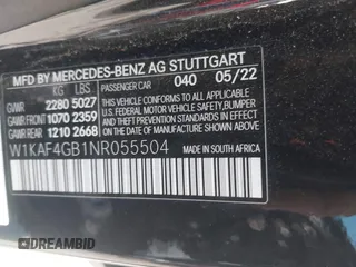 2022 Mercedes-Benz C 300 with VIN W1KAF4GB1NR055504, listed as a IAAI auction lot 42035044 with 26,585 mi miles and . Bid and sale history available at DreamBid. Image 9.