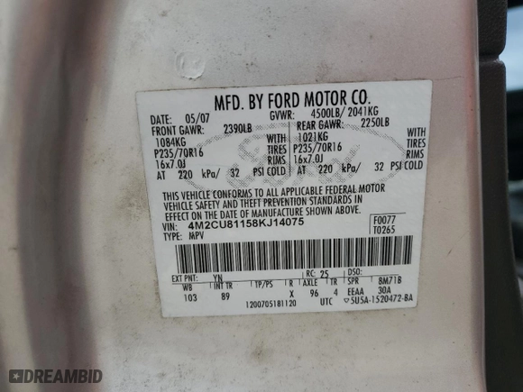 2008 Mercury Mariner with VIN 4M2CU81158KJ14075, listed as a Copart auction lot 42709825 with 175,593 mi miles and Non Repairable. Bid and sale history available at carsss.com. Image 14.