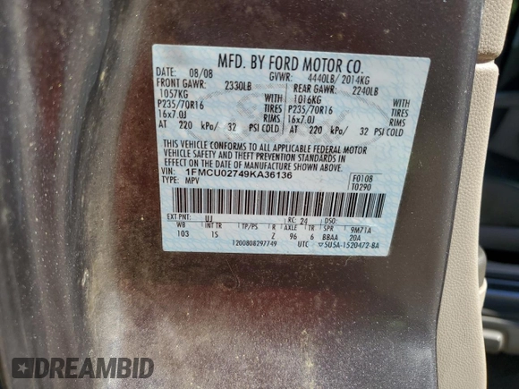 2009 Ford Escape XLS with VIN 1FMCU02749KA36136, listed as a Copart auction lot 64941875 with 171,576 mi miles and Clean title. Bid and sale history available at DreamBid. Image 12.