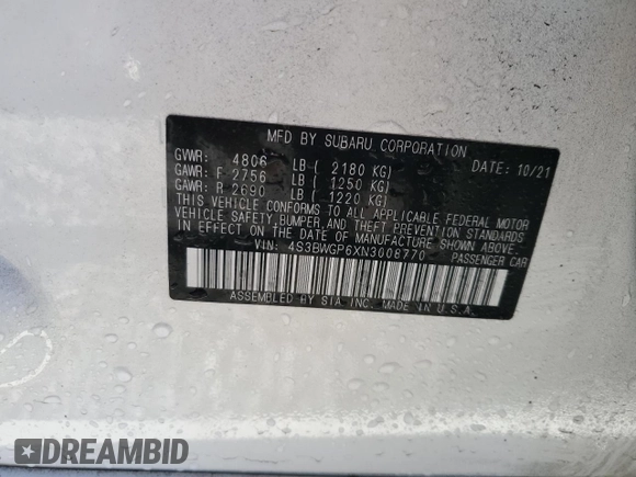 2022 Subaru Legacy Touring XT with VIN 4S3BWGP6XN3008770, listed as a Copart auction lot 49956495 with 12,102 mi miles and Non repairable. Bid and sale history available at DreamBid. Image 13.