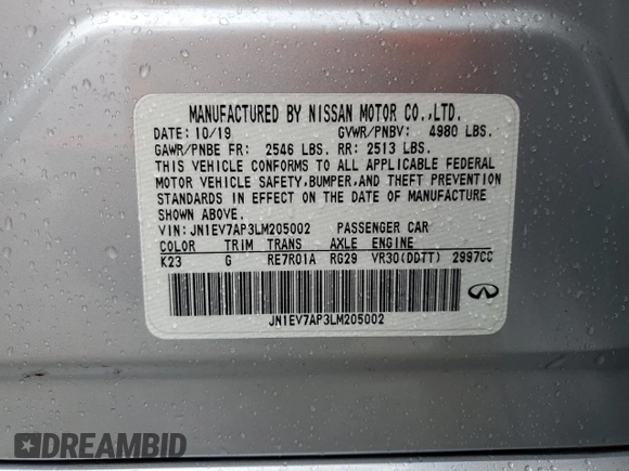 2020 Infiniti Q50 3.0t LUXE with VIN JN1EV7AP3LM205002, listed as a Copart auction lot 48179935 with 83,393 mi miles and Salvage Title. Bid and sale history available at carsss.com. Image 12.