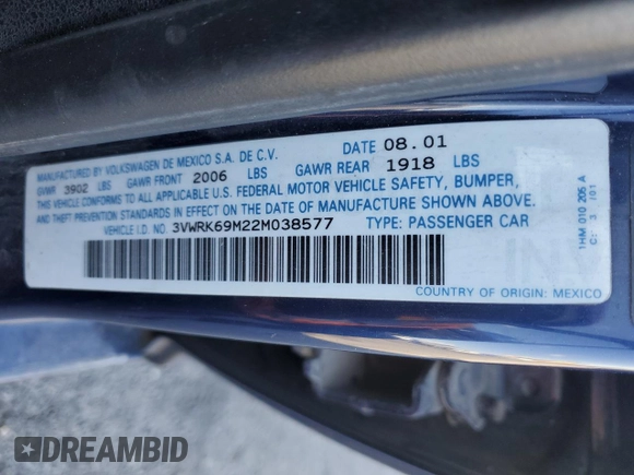 2002 Volkswagen Jetta GL с VIN 3VWRK69M22M038577, выставлен на аукционе Copart как лот 60089375 с пробегом 229 904 миль миль и Списание • Salvage title. История ставок и продаж доступна на DreamBid. Изображение 12.