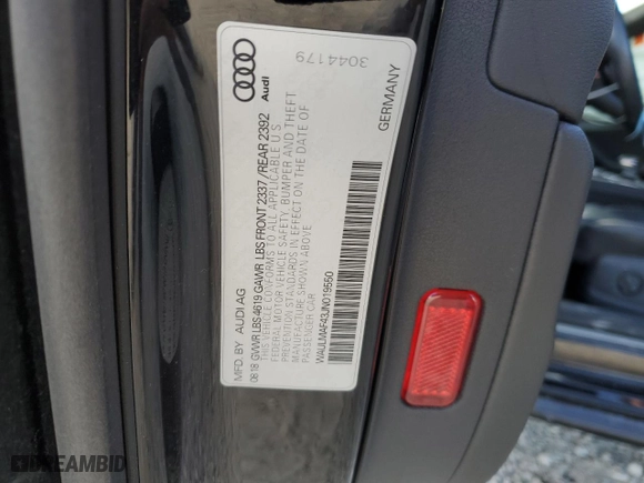 2018 Audi A4 Premium Plus with VIN WAULMAF43JN019550, listed as a Copart auction lot 83832484 with 75,466 mi miles and Salvage Title. Bid and sale history available at carsss.com. Image 12.