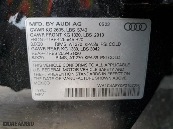 2023 Audi SQ5 Prestige with VIN WA1C4AFY0P2152356, listed as a Copart auction lot 53361005 with 13,281 mi miles and Salvage Title. Bid and sale history available at carsss.com. Image 14.