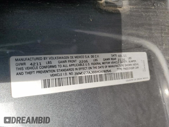 2011 Volkswagen Jetta SE z VIN 3VWDZ7AJ8BM369256, wystawiony jako Copart lot #51139015 z przebiegiem 250 634 mil mil oraz Szkoda całkowita • Salvage title. Historia ofert i sprzedaży dostępna na DreamBid. Obrazek 14.