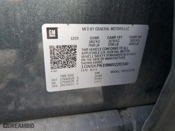 2021 Chevrolet Tahoe Z71 with VIN 1GNSKPKD9MR220340, listed as a Copart auction lot 87254004 with 0 mi miles and Salvage Title. Bid and sale history available at carsss.com. Image 13.