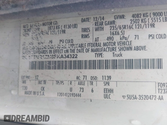 2015 Ford Transit Cargo with VIN 1FTNR1ZM8FKA34322, listed as a IAAI auction lot 42626921 with 162,924 mi miles and . Bid and sale history available at DreamBid. Image 9.