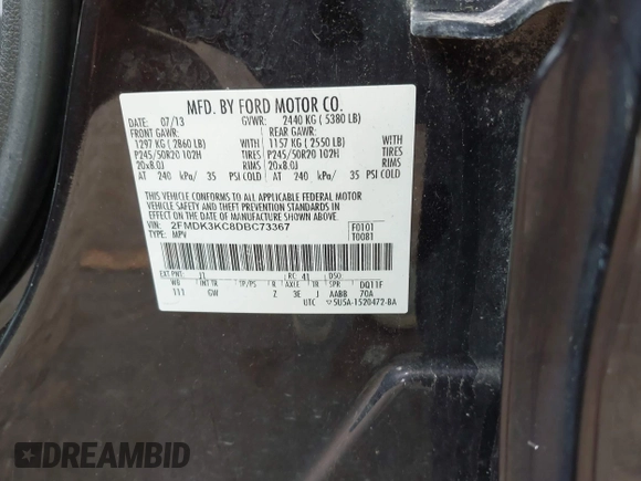 2013 Ford Edge Limited with VIN 2FMDK3KC8DBC73367, listed as a IAAI auction lot 42437682 with Not provided miles and . Bid and sale history available at DreamBid. Image 9.