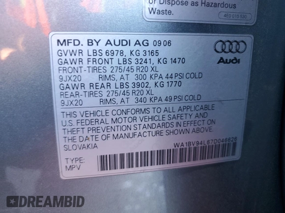 2007 Audi Q7 Premium with VIN WA1BV94L67D046626, listed as a Copart auction lot 82794274 with 196,023 mi miles and Salvage title. Bid and sale history available at DreamBid. Image 16.