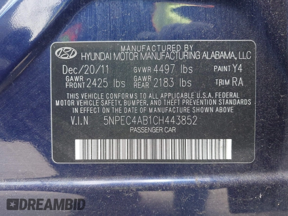 2012 Hyundai Sonata SE with VIN 5NPEC4AB1CH443852, listed as a IAAI auction lot 42171502 with 140,653 mi miles and . Bid and sale history available at carsss.com. Image 9.
