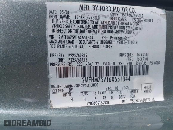 2006 Mercury Grand Marquis LS Premium with VIN 2MEHM75V16X651344, listed as a IAAI auction lot 42158729 with 120,056 mi miles and . Bid and sale history available at DreamBid. Image 9.