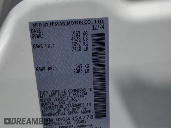 2025 Nissan Altima SV with VIN 1N4BL4DV1SN354778, listed as a Copart auction lot 52277935 with 0 mi miles and Non Repairable. Bid and sale history available at carsss.com. Image 12.