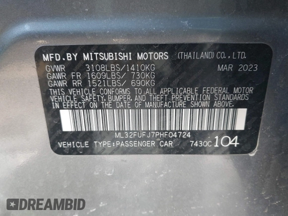 2023 Mitsubishi Mirage ES с VIN ML32FUFJ7PHF04724, выставлен на аукционе IAAI как лот 41653973 с пробегом 18 417 миль миль и . История ставок и продаж доступна на DreamBid. Изображение 9.