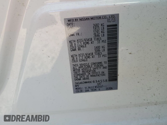 2013 Nissan Pathfinder Platinum with VIN 5N1AR2MM4DC634558, listed as a Copart auction lot 81878564 with 132,611 mi miles and Salvage Title. Bid and sale history available at carsss.com. Image 15.