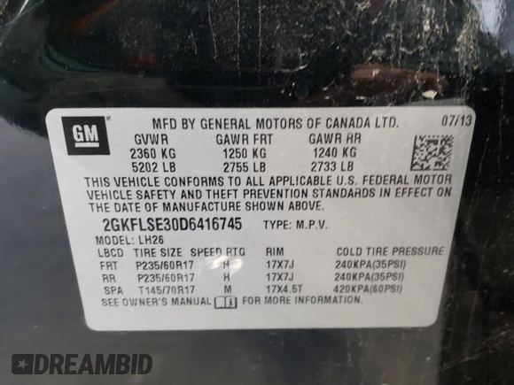 2013 GMC Terrain SLE with VIN 2GKFLSE30D6416745, listed as a Copart auction lot 42441845 with 153,295 mi miles and Clean Title. Bid and sale history available at DreamBid. Image 13.