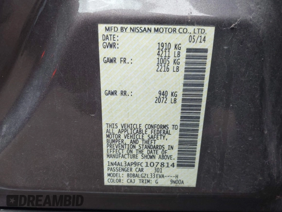 2015 Nissan Altima S z VIN 1N4AL3AP9FC107814, wystawiony jako IAAI lot #41653655 z przebiegiem 159 687 mil mil oraz . Historia ofert i sprzedaży dostępna na DreamBid. Obrazek 9.