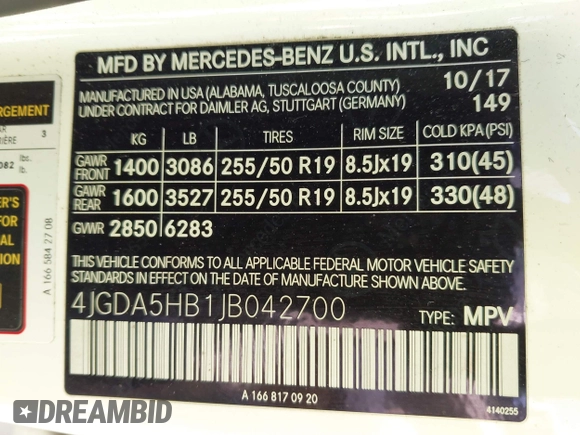 2018 Mercedes-Benz GLE 350 with VIN 4JGDA5HB1JB042700, listed as a IAAI auction lot 42052645 with 77,740 mi miles and . Bid and sale history available at DreamBid. Image 9.