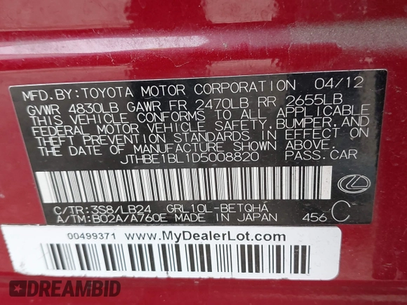 2013 Lexus GS 350 z VIN JTHBE1BL1D5008820, wystawiony jako IAAI lot #42038902 z przebiegiem 69 460 mil mil oraz . Historia ofert i sprzedaży dostępna na DreamBid. Obrazek 9.