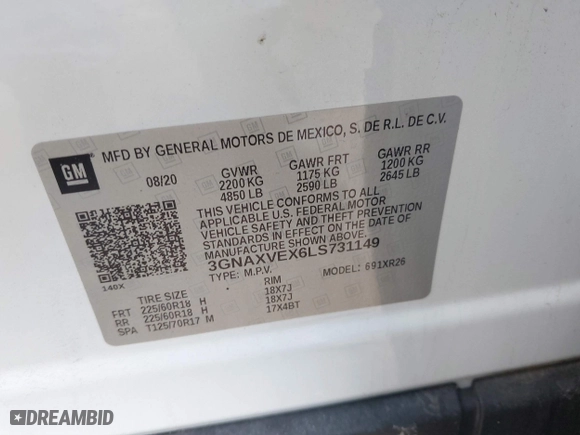2020 Chevrolet Equinox LT with VIN 3GNAXVEX6LS731149, listed as a IAAI auction lot 41717267 with 49,705 mi miles. Bid and sale history available at carsss.com. Image 9.