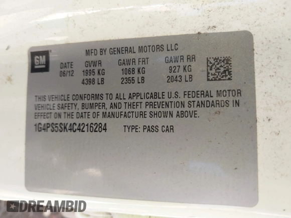 2012 Buick Verano Group с VIN 1G4PS5SK4C4216284, выставлен на аукционе IAAI как лот 40603872 с пробегом Не указан миль и . История ставок и продаж доступна на DreamBid. Изображение 9.