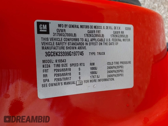 2009 Chevrolet Silverado 1500 LT with VIN 3GCEK23399G197745, listed as a IAAI auction lot 41747081 with Not Provided miles and . Bid and sale history available at DreamBid. Image 9.