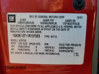 2001 GMC Yukon SLT with VIN 1GKEK13T11R157503, listed as a Copart auction lot 73801274 with 0 mi miles and Salvage Title. Bid and sale history available at carsss.com. Image 13.