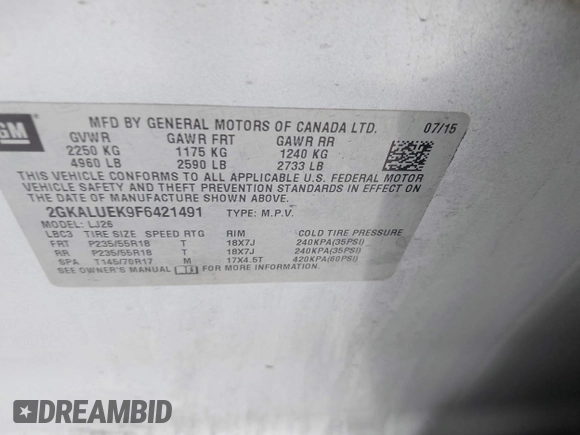2015 GMC Terrain Denali with VIN 2GKALUEK9F6421491, listed as a IAAI auction lot 41852067 with 93,216 mi miles and . Bid and sale history available at carsss.com. Image 9.