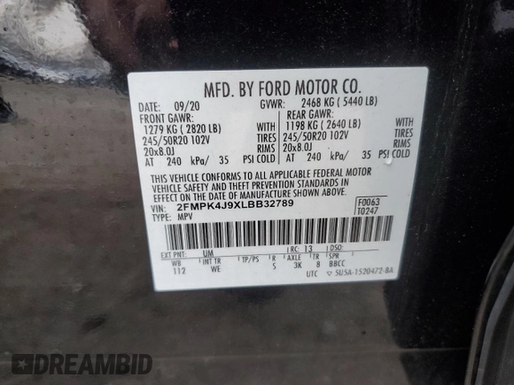 2020 Ford Edge SEL with VIN 2FMPK4J9XLBB32789, listed as a Copart auction lot 52377505 with 96,757 mi miles and Non repairable. Bid and sale history available at DreamBid. Image 14.