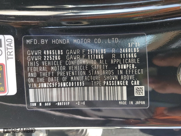 2021 Honda Clarity Plug-In Hybrid Touring with VIN JHMZC5F36MC001895, listed as a Copart auction lot 62147173 with 24,618 mi miles. Bid and sale history available at carsss.com. Image 14.